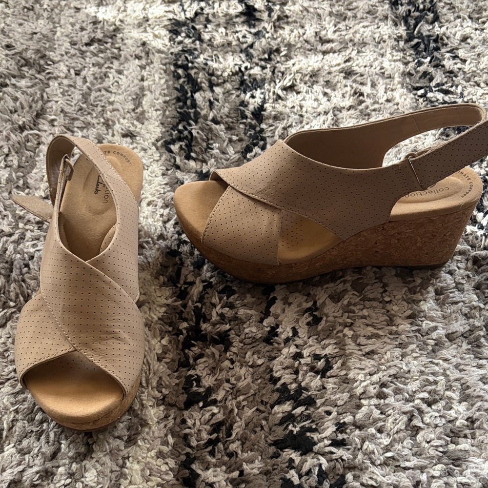 Clarks Beige Taupe Perforated Slingback Cork Wedge Sandals